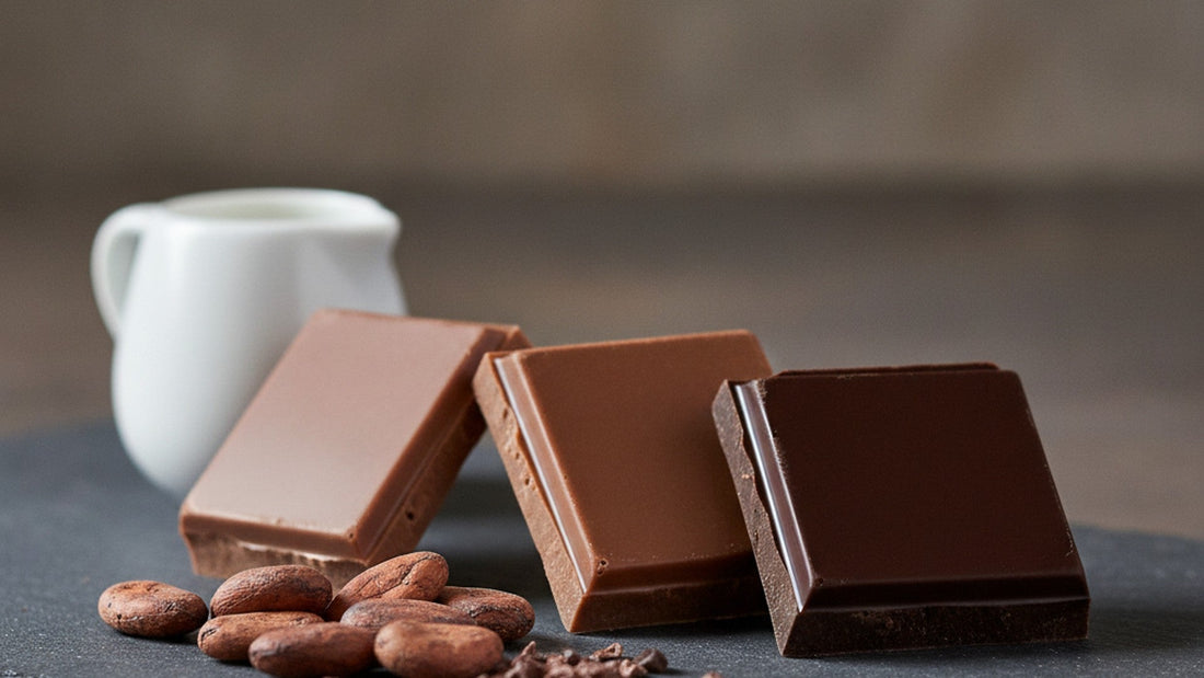Three squares of chocolate in a row on a slate board, pale milk chocolate, a deeper caramel-brown dark milk and a near-black dark chocolate, with a few cocoa beans and a small jug of milk