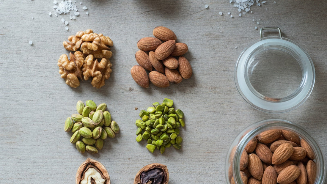 Shelled walnuts, almonds, pistachios and hazelnuts in separate small piles on a wooden board, one walnut half split to show the pale interior, a few whole in-shell nuts at the edge