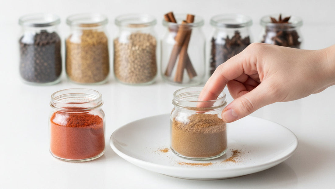 Two open jars of ground paprika side by side, one vivid red and one faded brick brown, with a pinch of each rubbed between fingers above a white plate, and a row of whole spices in small glass jars behind