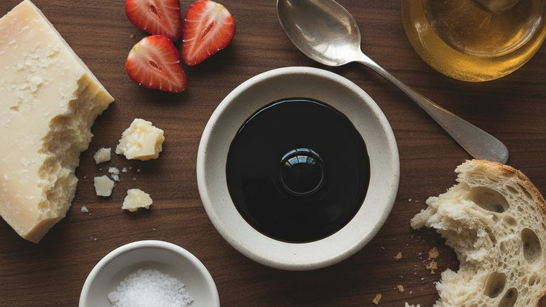 A shallow white dish of dark balsamic vinegar beside a small pool of thick aged balsamic on a spoon, a wedge of Parmigiano, halved strawberries and a cut lemon on a dark wooden board