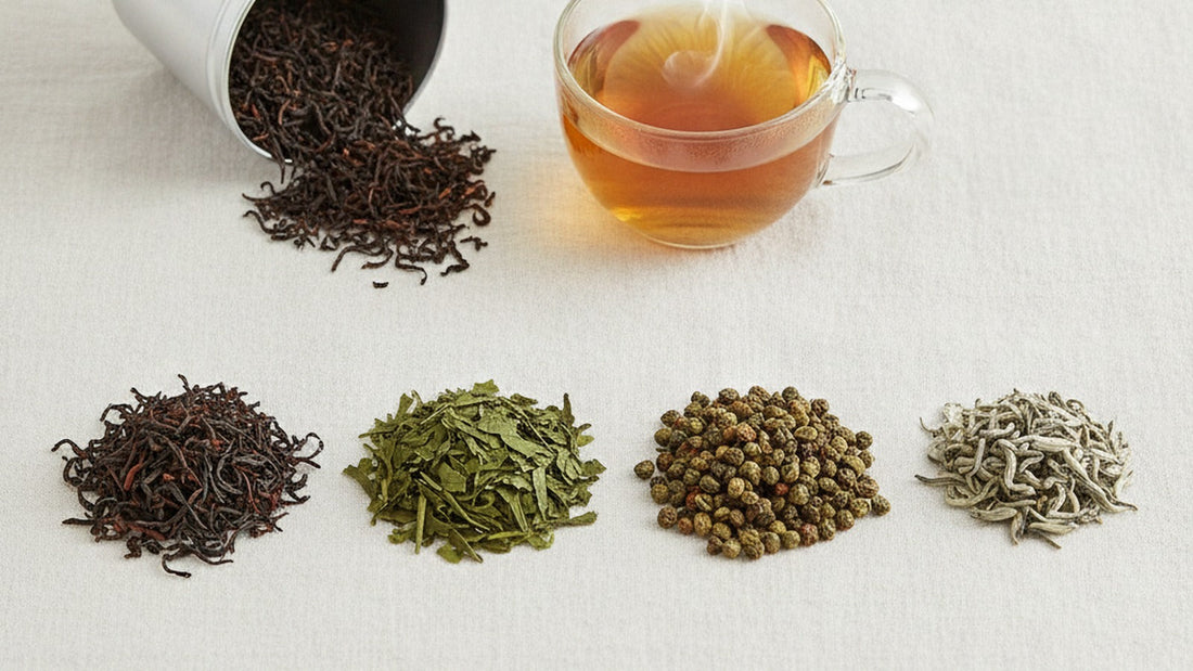 Four small heaps of loose-leaf tea on a pale linen cloth, dark twisted black leaves, flat green leaves, rolled oolong balls and silvery white buds, beside an open tin and a glass cup of amber tea