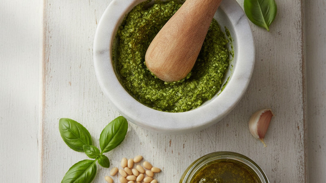 A marble mortar of bright green basil pesto beside a small glass jar of darker pesto with a thin layer of olive oil on top, loose basil leaves and pine nuts on a wooden board