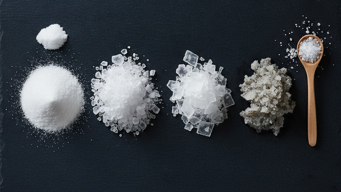 Four small mounds of salt on dark slate in different grain sizes, from fine table salt through coarse kosher to large flaky pyramids and damp gray sel gris, with a wooden spoon and a few scattered crystals