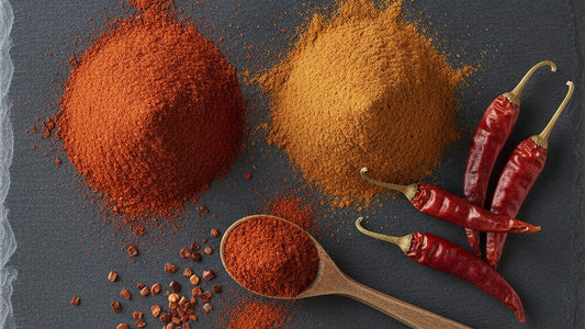 Two small mounds of paprika on dark slate, one deep brick red and one faded orange-brown, beside a few dried whole red peppers and a wooden spoon