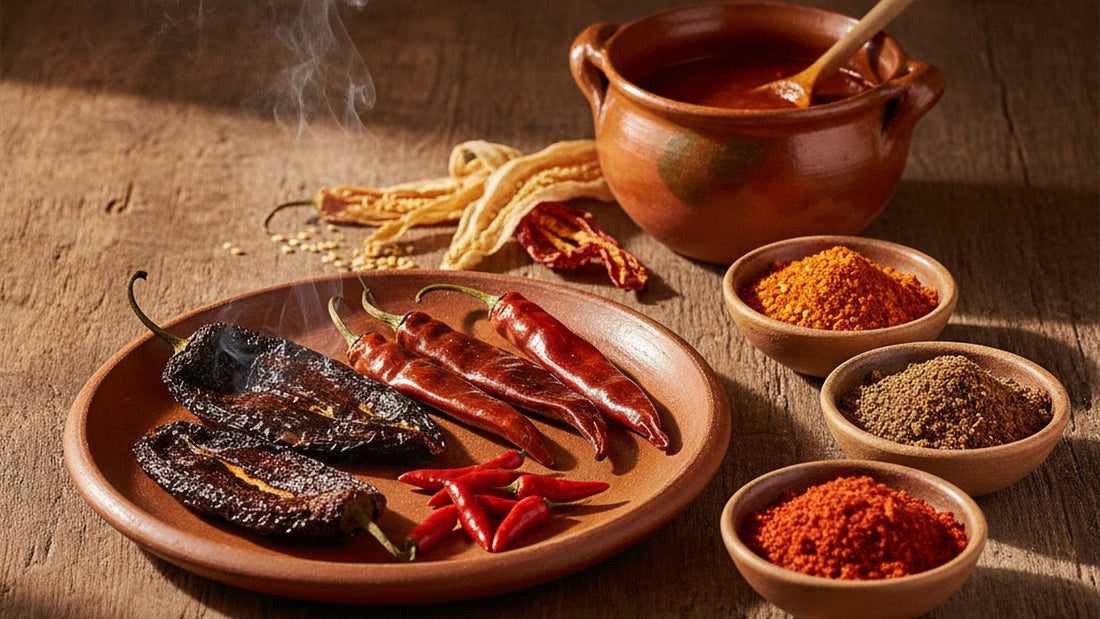 Whole dried chiles, dark wrinkled anchos, long red guajillos and small bright árbol chiles, toasting on a clay comal beside small bowls of red, orange and deep brown chile flakes and a pot of brick-red chile sauce
