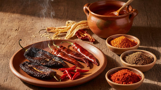Whole dried chiles, dark wrinkled anchos, long red guajillos and small bright árbol chiles, toasting on a clay comal beside small bowls of red, orange and deep brown chile flakes and a pot of brick-red chile sauce