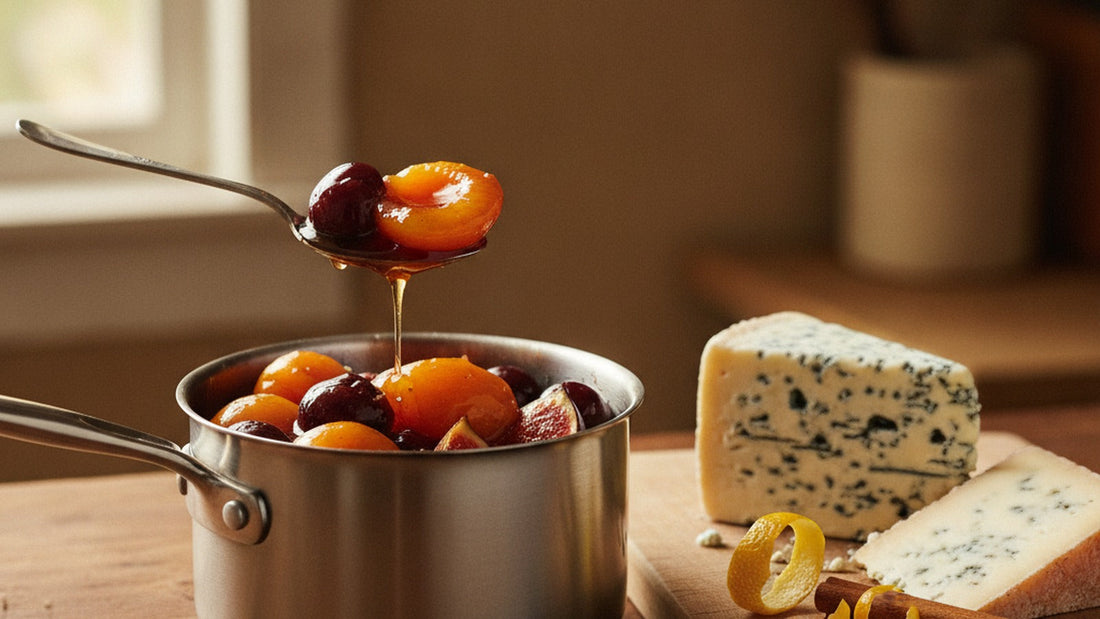 A small saucepan of glossy dark compote of apricots, figs and cherries with a spoon lifting a plump apricot, wedges of blue and hard cheese on a board beside it