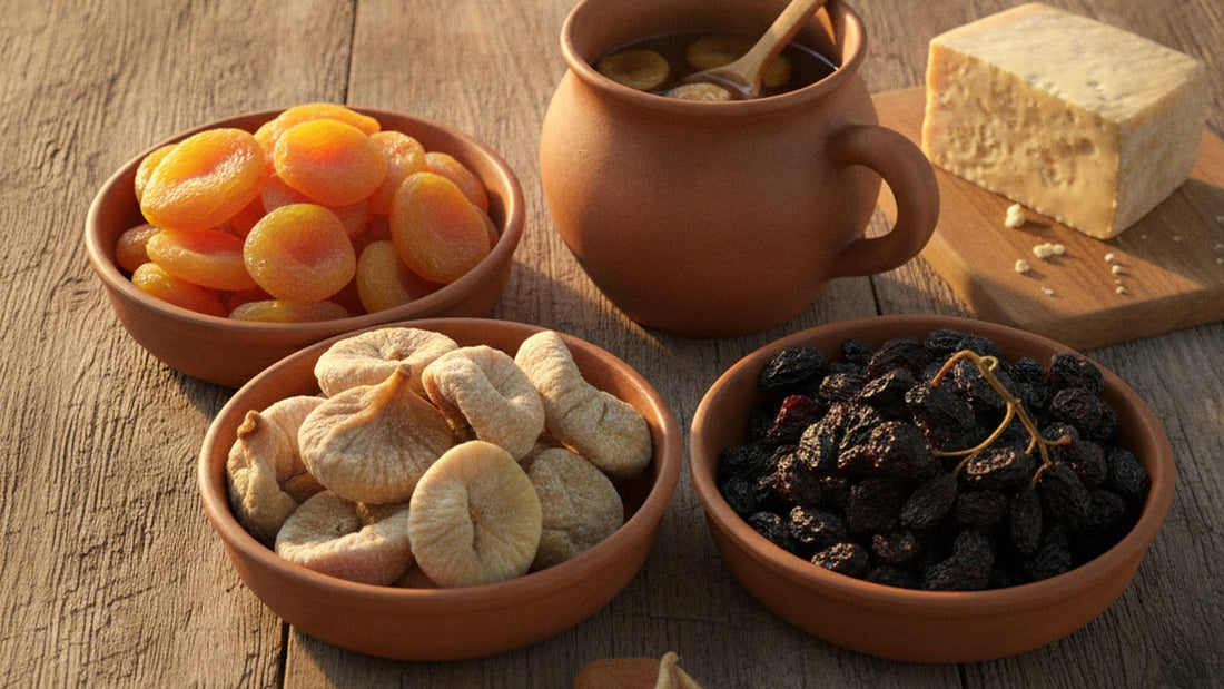 Shallow earthenware bowls of dried apricots, dried figs and dark raisins on a worn wooden table, beside a small pot of fruit simmered in tea and a wedge of hard cheese