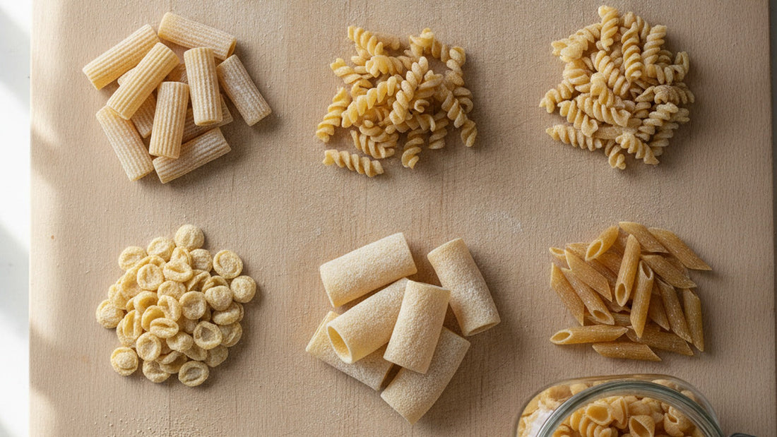 Six shapes of uncooked bronze-die pasta in loose piles on a pale wooden board, spaghetti fanned across the top, rigatoni, orecchiette, fusilli, paccheri and penne below, with a small heap of coarse semolina and a glass jar of dry pasta beside them