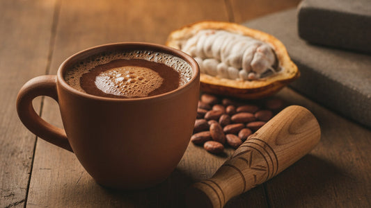 A clay cup of dark drinking chocolate with a thick head of foam beside a wooden whisk, roasted cacao beans and an open cacao pod on a worn wooden table
