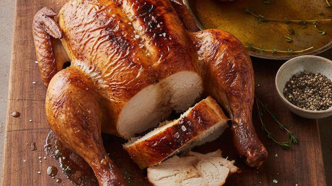 A whole roast chicken with deep bronze, crackled skin on a carving board, one thigh carved away, coarse salt crystals scattered on the sliced meat
