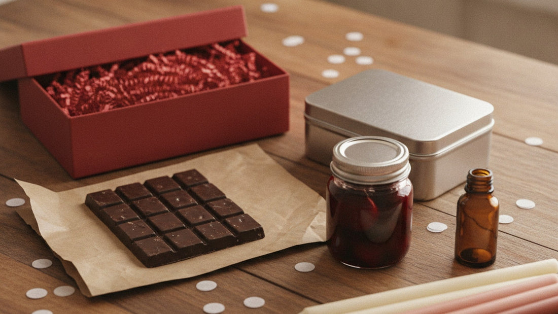 An open red gift box with red crinkle paper, a dark chocolate bar on brown paper, a silver rectangular tin, a jar of dark cherries in syrup, a small amber glass bottle and tall ivory and pink candles on a wooden table with white confetti