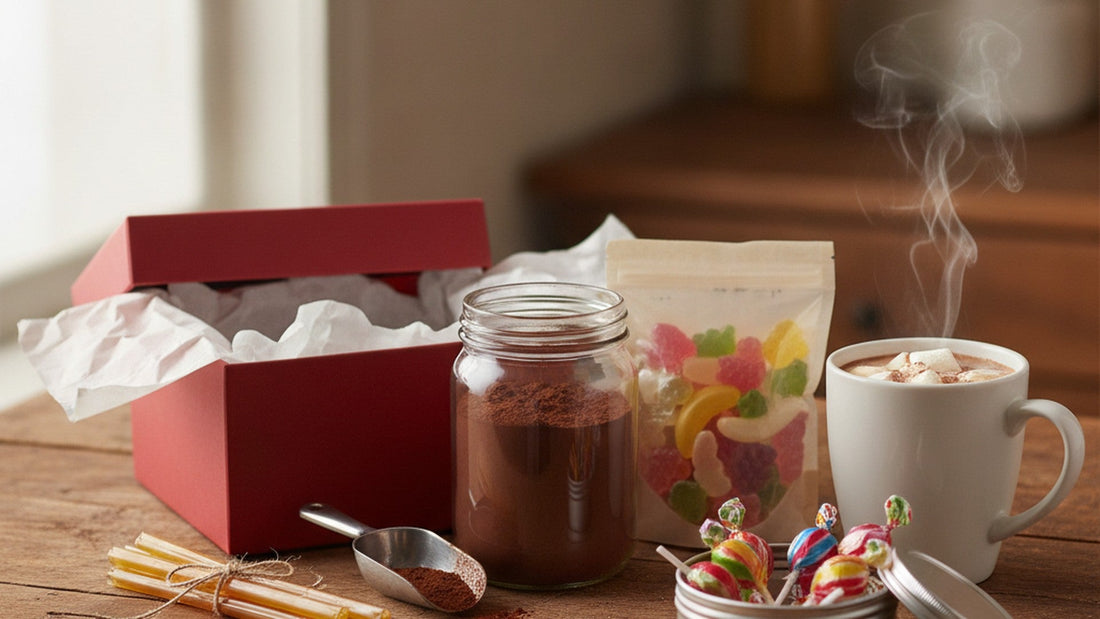 An open red gift box, a jar of cocoa mix with a metal scoop, a clear pouch of gummy candies, an open tin of swirled lollipops, a mug of hot chocolate topped with marshmallows and a bundle of honey straws tied with twine on a wooden table