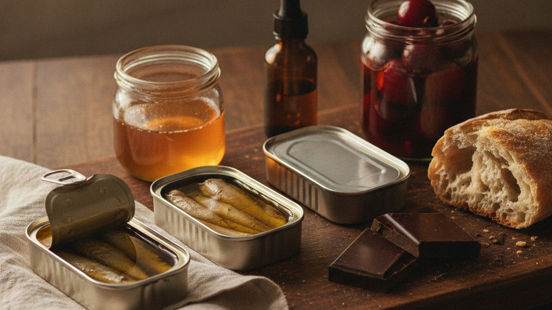 A wooden board with a few small rectangular fish tins, a jar of amber honey, a small dark bottle, a jar of dark red cherries and a bar of chocolate, with a piece of bread and a folded cloth