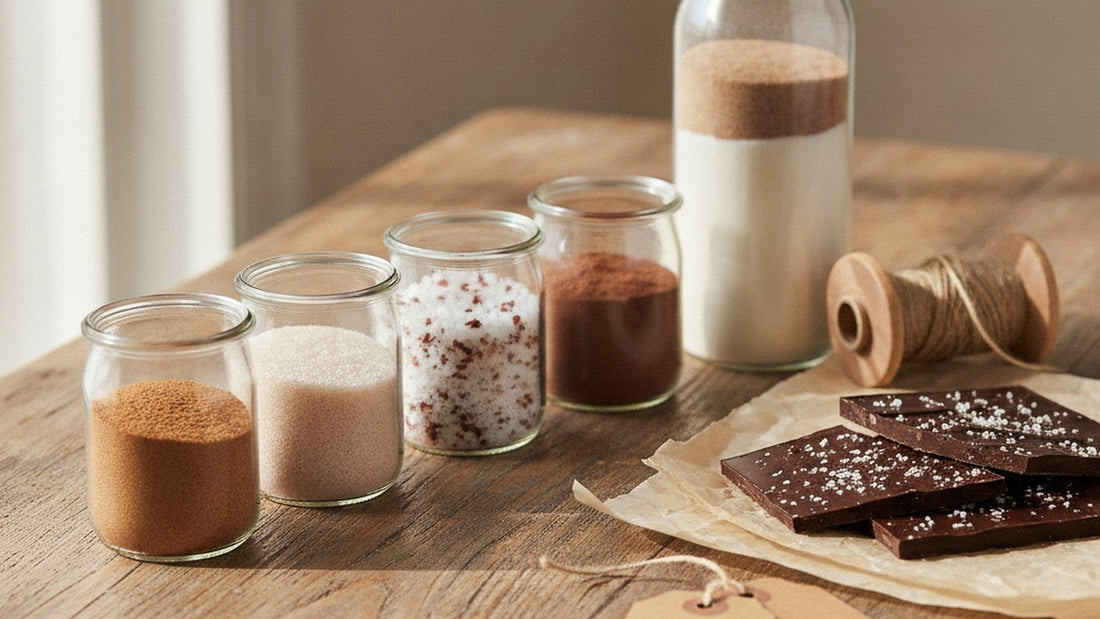 Four small glass jars of cinnamon sugar, pale pink rose sugar, flaky salt with red chili flakes and cocoa mix, a tall glass jar of layered baking mix, a spool of twine, a kraft tag and pieces of dark chocolate bark with flaky salt on parchment