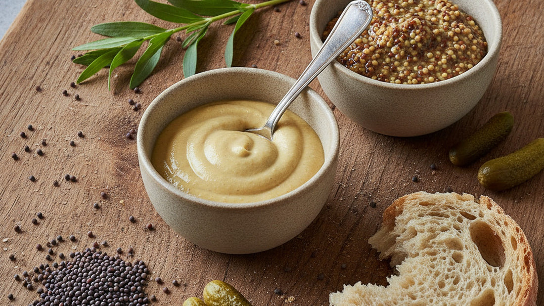 A small stoneware bowl of smooth pale yellow Dijon mustard beside a bowl of coarse whole-seed mustard, loose brown mustard seeds scattered on a worn oak board, with a few cornichons and a torn piece of country bread