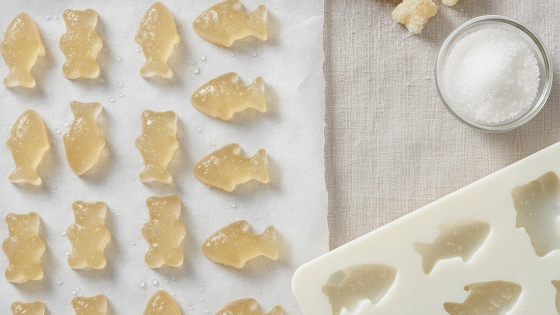 Pale gold elderflower gummies drying on parchment, some rolled in sour sugar, a few still in a silicone mold beside a small dish of sugar