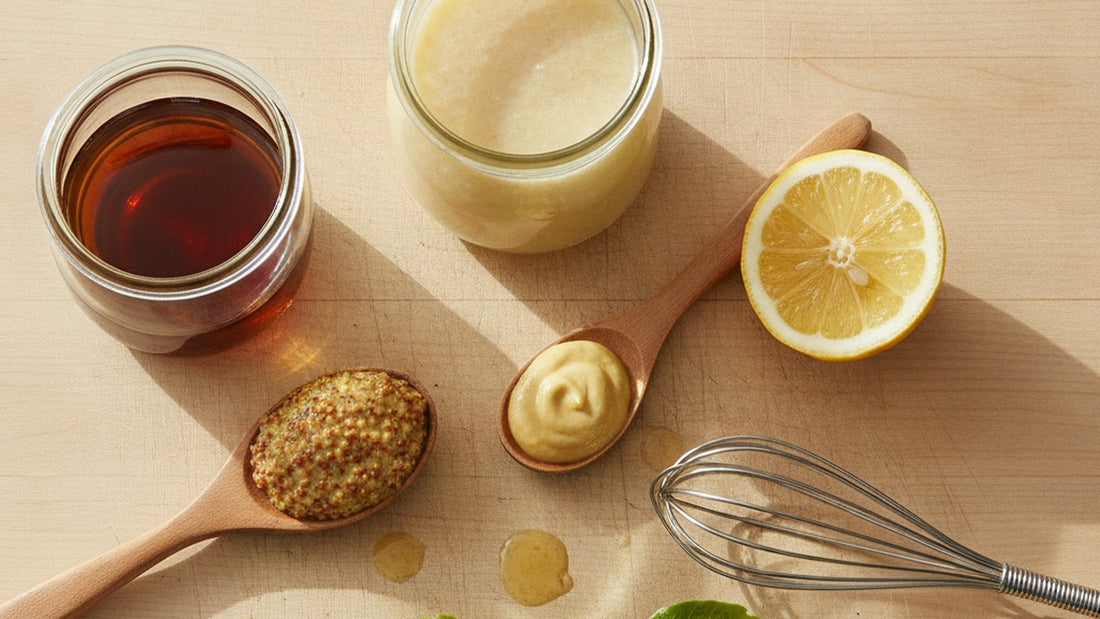 Two small glass jars of vinaigrette side by side on a pale wooden board, one separated into a clear oil layer over dark vinegar, the other uniformly cloudy and pale gold, with a spoon of grainy mustard, a halved lemon and a whisk beside them