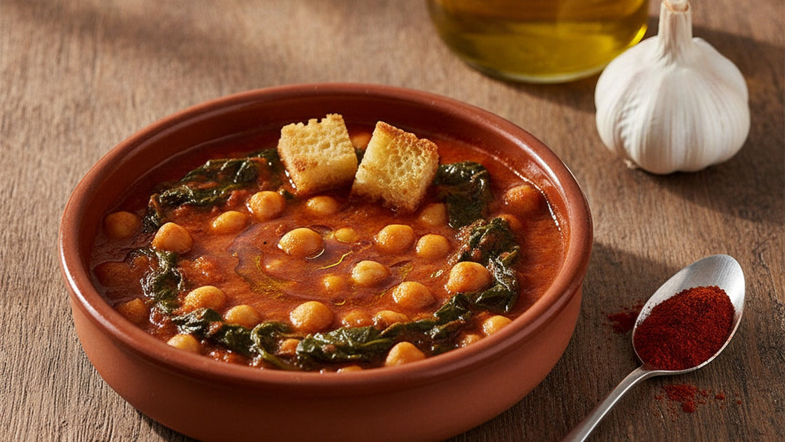 A shallow earthenware dish of brick-red chickpea and spinach stew glossy with olive oil, cubes of fried bread and a dusting of smoked paprika on top, a spoon resting at the edge