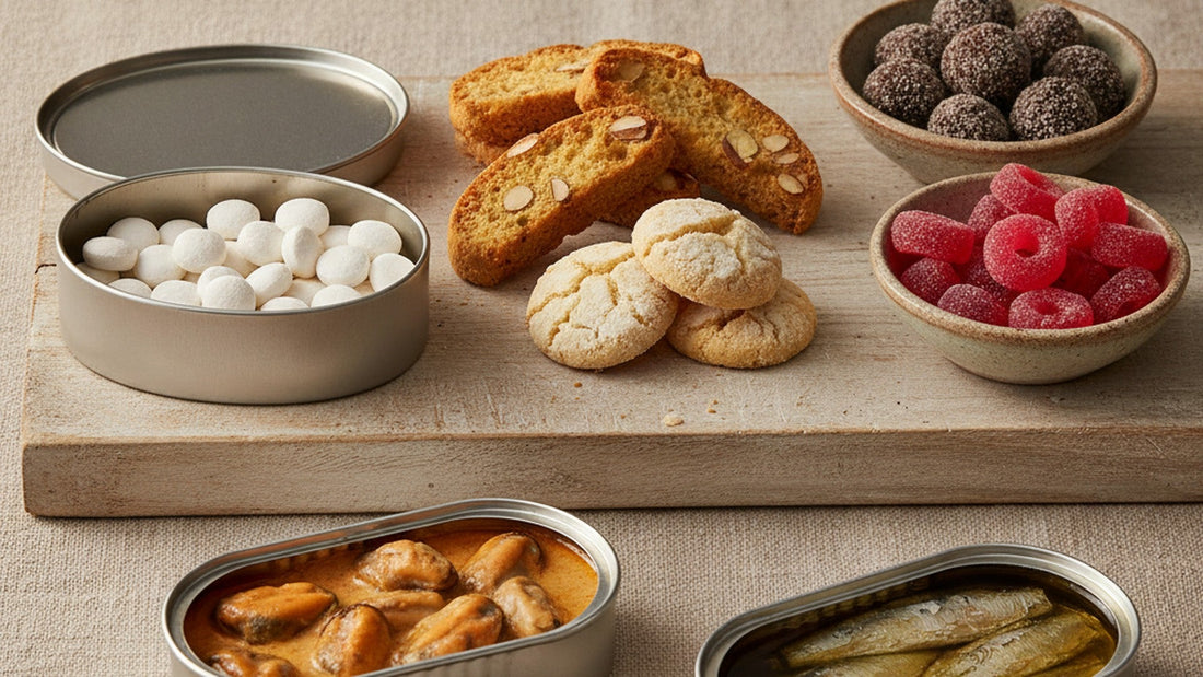 Almond biscotti, crackled amaretti and an oval tin of small white pastilles on a wooden board, with bowls of dark sugar-dusted candy balls and red sugared gummy rings, and two open tins of mussels in orange sauce and sardines in oil