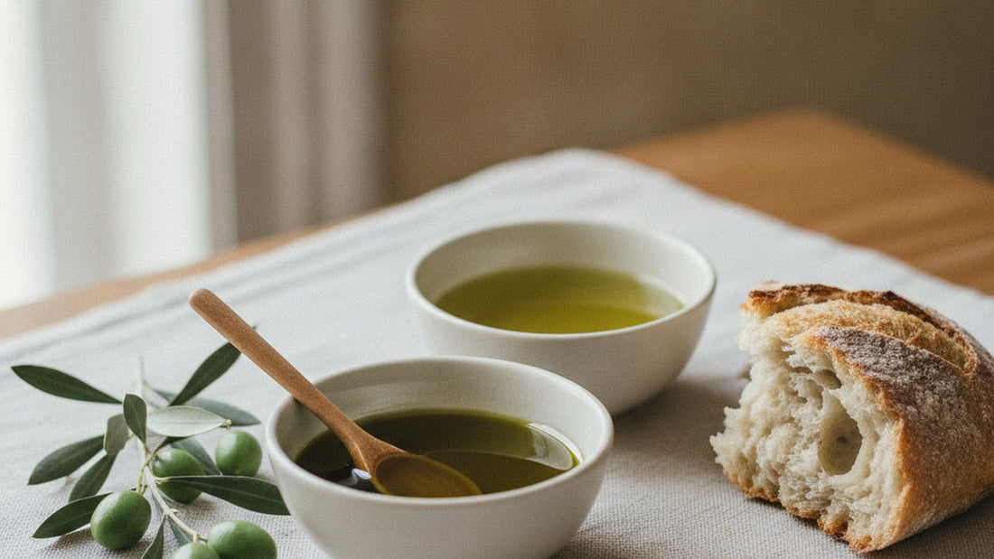 Two small ceramic bowls of green-gold olive oil beside a sprig of fresh olive branch and a wedge of rustic bread on a linen napkin, a wooden spoon resting across one bowl