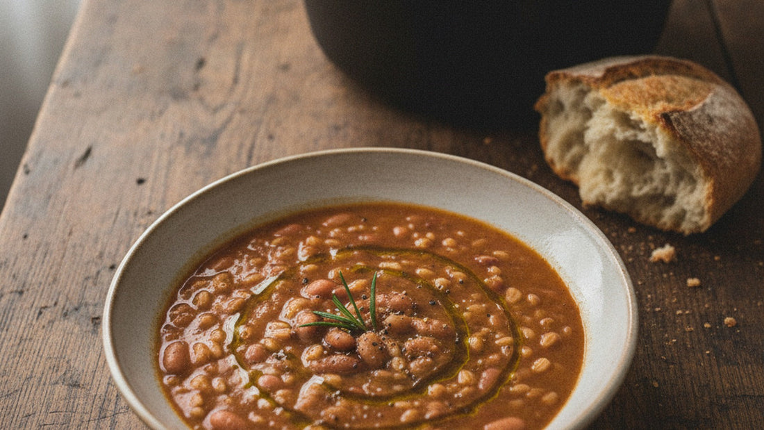 A shallow bowl of thick farro and bean soup, the plump grains and whole beans visible, a thread of green olive oil and cracked black pepper on top