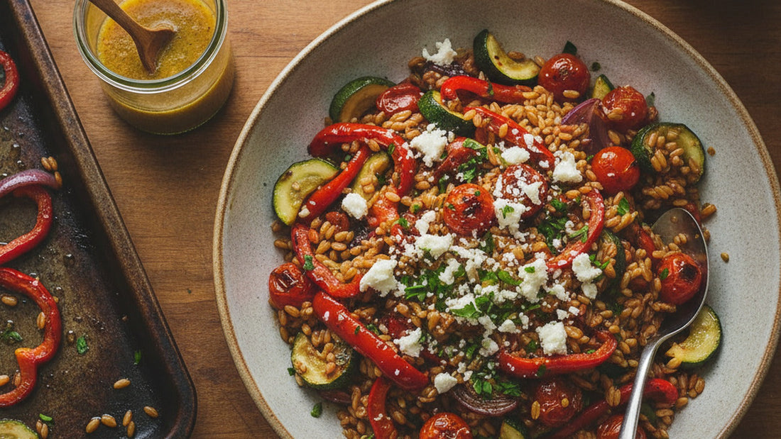 A wide bowl of farro salad with browned roasted peppers, zucchini, red onion and collapsed cherry tomatoes, flecked with herbs and crumbled cheese, a sheet pan and a jar of vinaigrette beside it