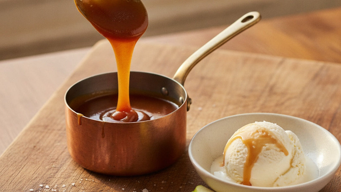 A spoon lifting a thick ribbon of glossy amber goat's milk caramel from a small copper pot, with sliced apples and a scoop of vanilla ice cream on a wooden board