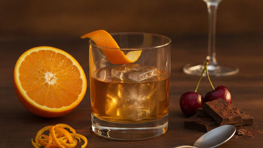 A stirred amber cocktail in a short glass with a large ice cube and an orange peel, beside halved oranges, dark cherries and broken pieces of dark chocolate on a wooden bar top