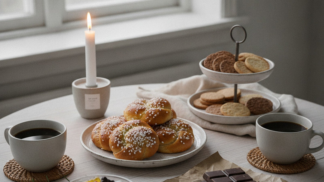 A pale wooden table by a window with two cups of black coffee, a plate of cardamom buns, a tiered plate of small Swedish cookies, a bar of dark chocolate broken into pieces and a lit candle in daylight