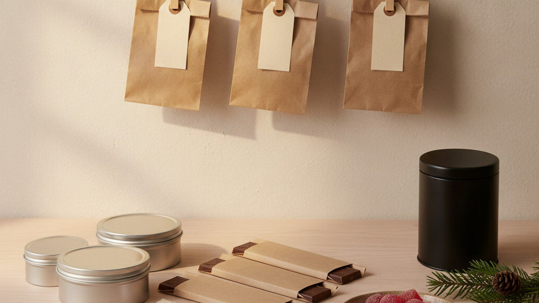 Three small brown paper bags with blank tags hung on a wall with wooden clothespins, above a table with three round metal tins, three chocolate bars in plain paper wrappers, a black tea canister, a dish of red gummy candies and a fir sprig