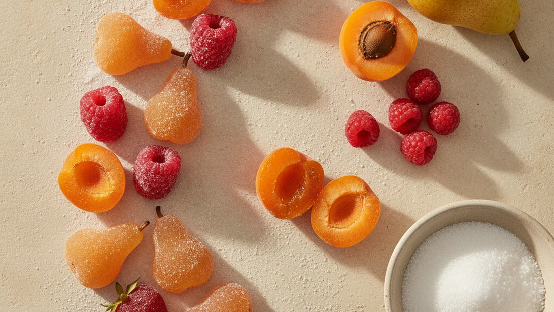 Sugar-dusted pâte de fruit pieces molded as half apricots and half pears on pale limestone, beside a fresh halved apricot, a ripe pear and a few raspberries
