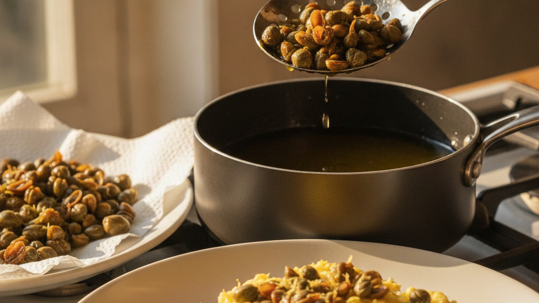 A slotted spoon lifting crisp, opened fried capers out of a small pan of golden olive oil, with a plate of soft scrambled eggs scattered with fried capers beside it