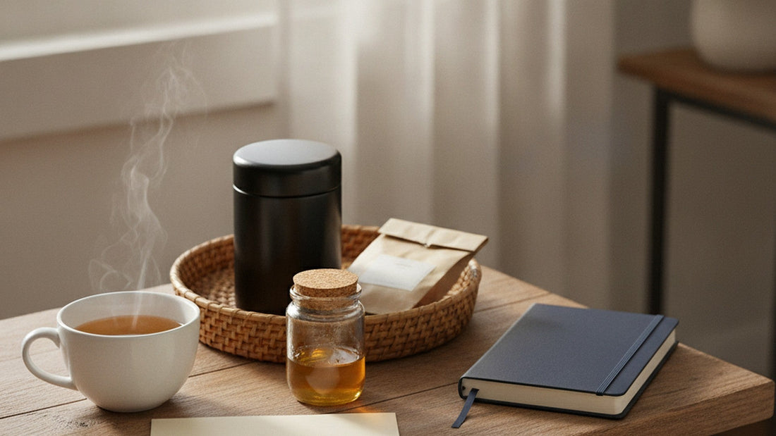 A small basket on a bedside table holding a tin of tea, a jar of honey, a packet of crackers and a closed notebook, beside a steaming cup of tea and a folded blanket in soft morning light