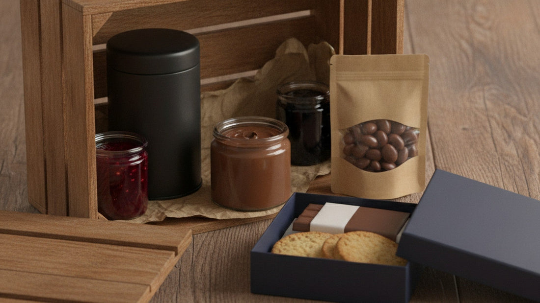 A wooden crate on its side holding a black tea canister, two jars of preserves, a jar of chocolate spread and a kraft pouch of chocolate almonds, with the crate lid on the table and an open navy gift box of cookies and a chocolate bar