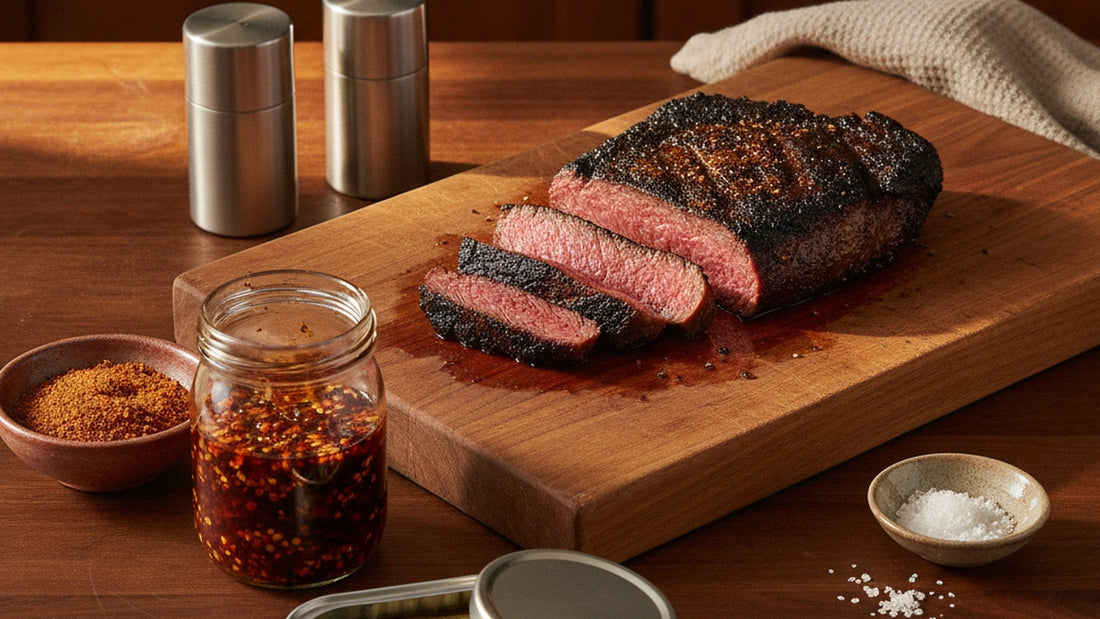 A wooden cutting board with a sliced grilled steak on a kitchen counter, beside two plain metal spice shakers, a small bowl of red-brown dry rub, a jar of red chili crisp, a small bowl of flaky salt and the edge of a closed tin
