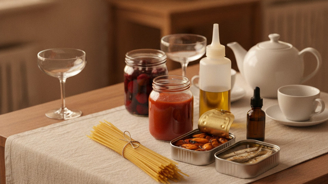 A bundle of spaghetti tied with twine, a jar of tomato sauce, a jar of dark cherries, a squeeze bottle of olive oil, two open tins of mussels and small fish, an amber dropper bottle, two coupe glasses and a white teapot with cups