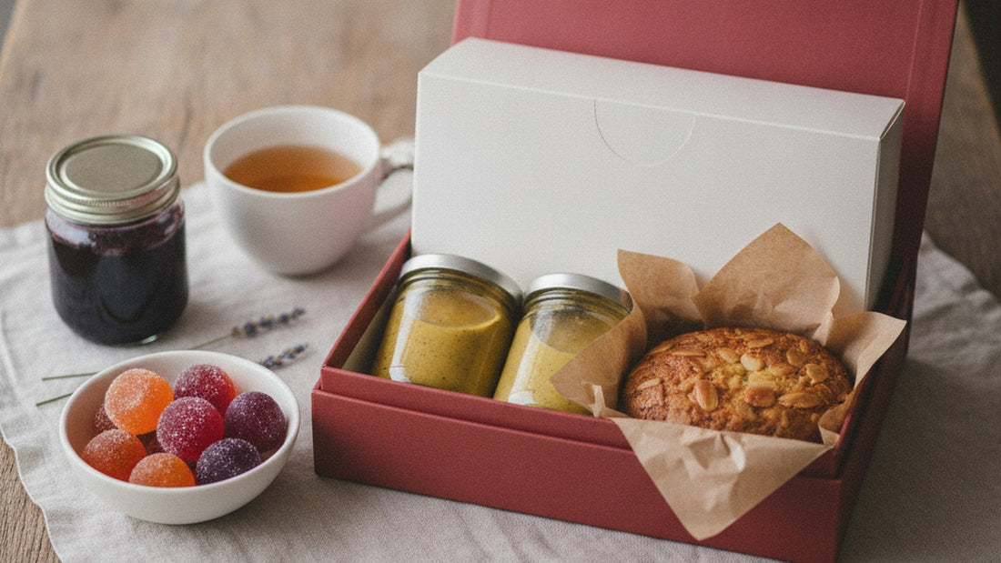 An open red gift box holding a white tea box, two jars of mustard and an almond-topped round cake in brown paper, beside a jar of dark jam, a cup of pale tea, a bowl of sugared fruit jellies and lavender sprigs on a linen cloth
