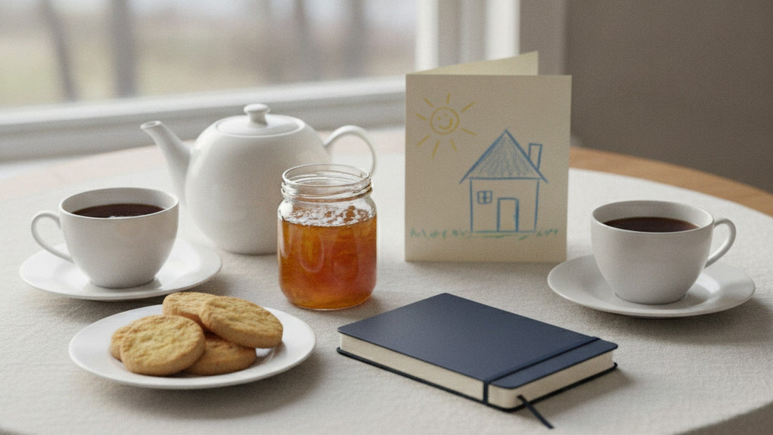 A breakfast table by a window with a white teapot, two cups of black tea, a plate of round shortbread, a jar of orange marmalade, a closed navy notebook and a standing card with a child's crayon drawing of a sun and a house