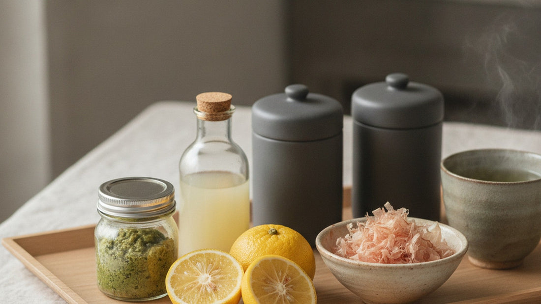 A jar of green yuzu kosho, a corked bottle of pale yuzu juice, a whole yuzu and a halved one, a bowl of shaved bonito flakes, two gray tea canisters and a cup of green tea on a wooden tray