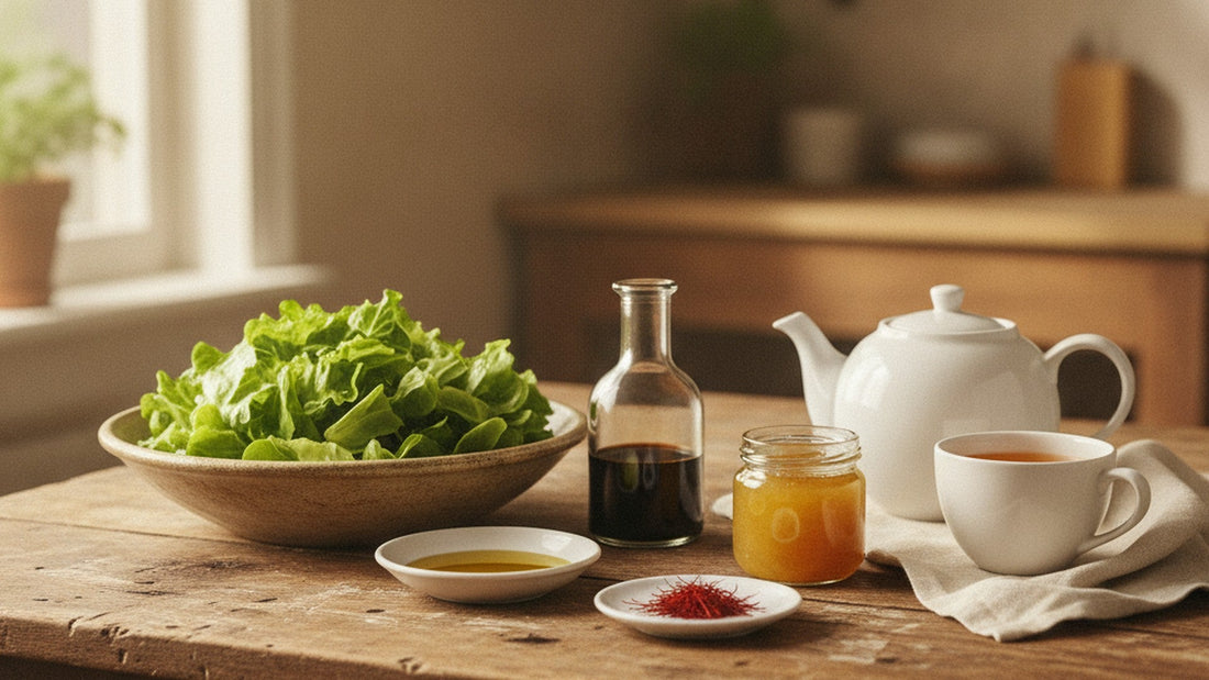 A sunlit wooden kitchen table with a bowl of green salad, a small dish of golden olive oil, a short bottle of dark balsamic vinegar, a pinch of saffron threads, a jar of marmalade, a teapot with a cup of tea and a folded cotton tea towel
