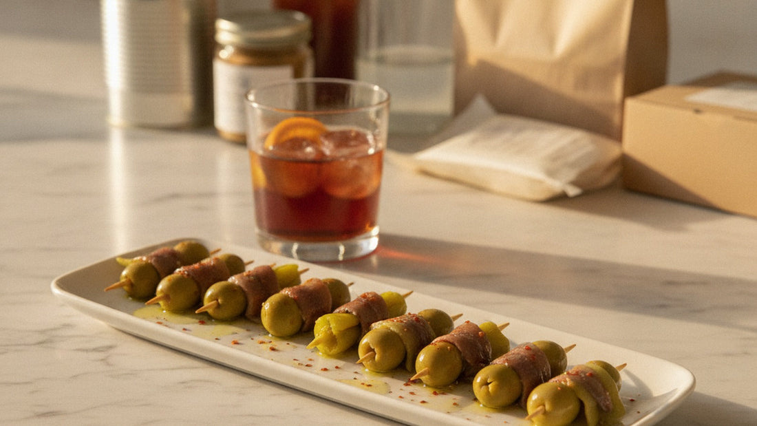 A row of gilda pintxos on a white plate, each pick threaded with green olives, a folded anchovy and pale green pickled peppers, glossy with olive oil