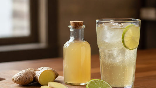 A small clear glass bottle of pale golden ginger syrup on a wooden bar counter beside sliced fresh ginger, a halved lime and a tall glass of ginger soda over ice