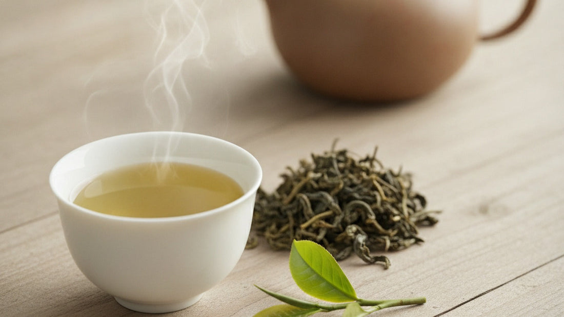 A small white cup of pale green-gold tea beside a mound of dark green needle-shaped loose tea leaves and a few fresh tea shoots on a wooden table