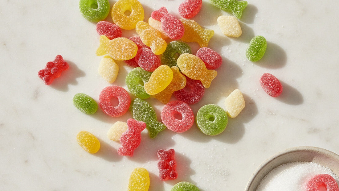 Assorted gummy candies in fish, bear, diamond and ring shapes scattered across pale marble, some glossy, some rolled in sour sugar, with a small dish of citric sanding sugar at the edge