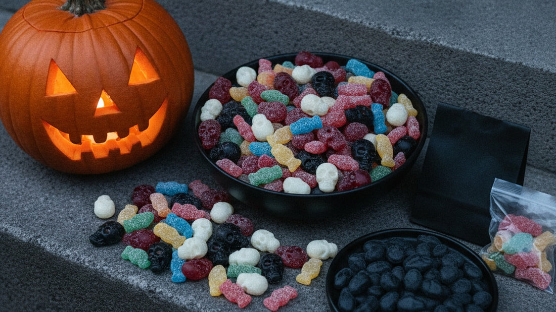 A large black bowl heaped with Swedish candy skulls, sour fish and foam pieces on a doorstep at dusk, with a carved pumpkin, a small dish of black salmiak licorice with a hand-lettered dare card, and a BUBS bag beside it