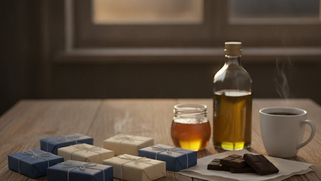 Eight small wrapped parcels in blue and white paper arranged in a row on a wooden table beside a small bottle of green olive oil, a bar of dark chocolate and a jar of honey, in warm evening light