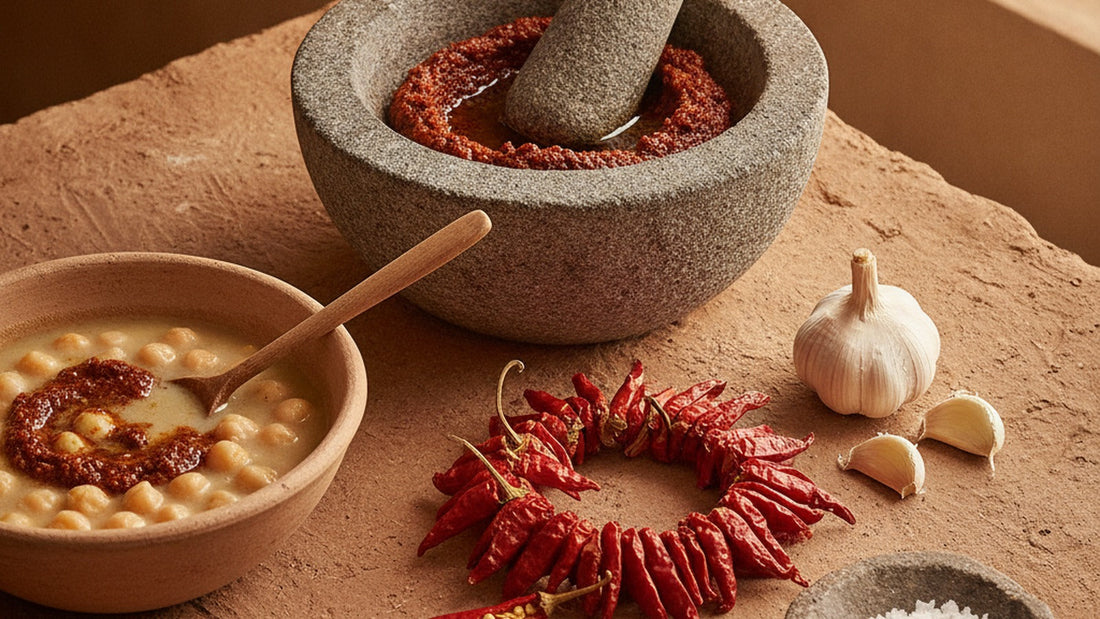 Dark red harissa paste in a stone mortar beside strings of sun-dried red chilies, garlic cloves and small piles of coriander and caraway seed on a clay-colored table