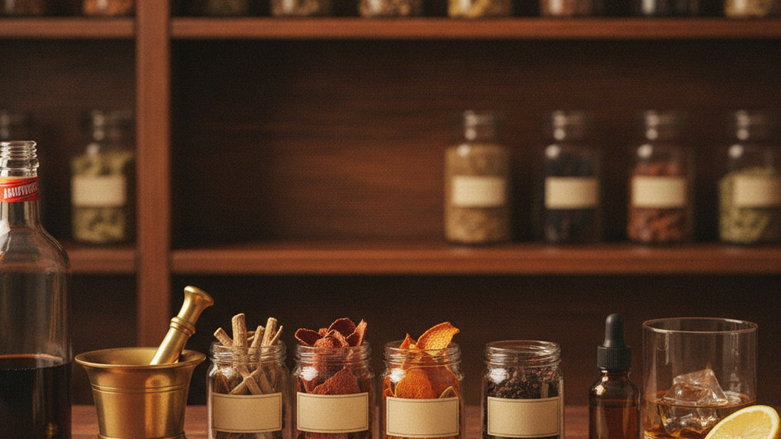 An apothecary counter with dried gentian root, cinchona bark and dried orange peel in jars beside a mortar and pestle, an old handwritten label, and a modern dasher bottle of aromatic bitters