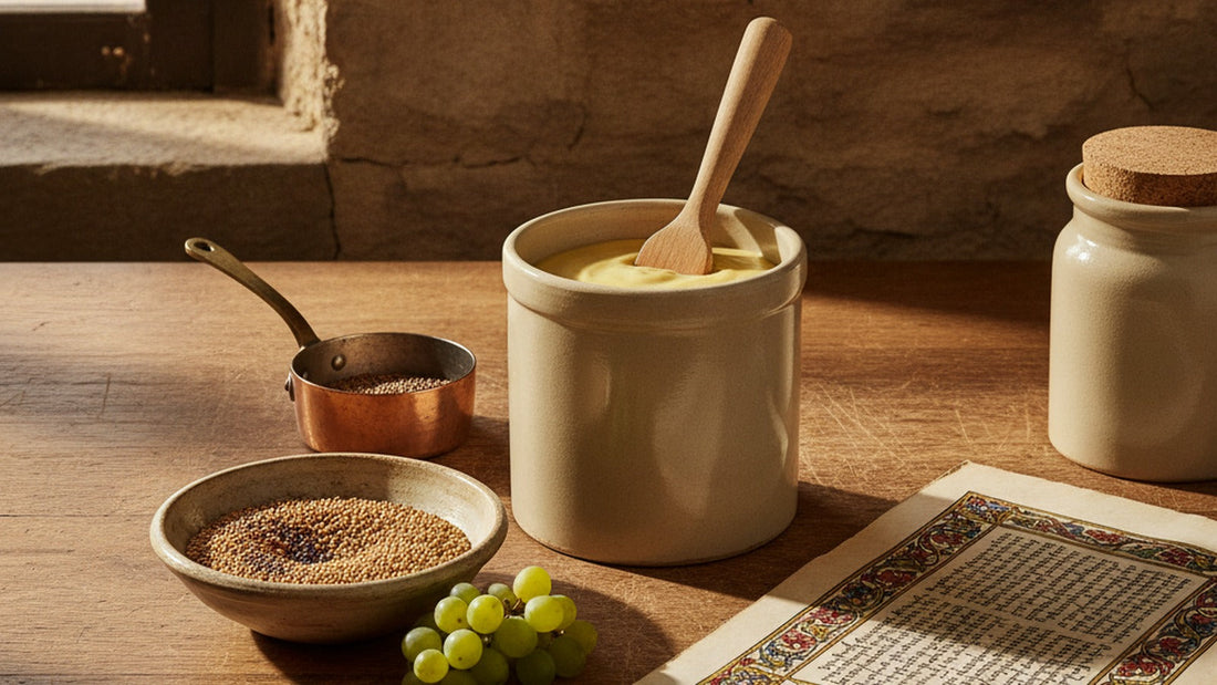 A stoneware mustard crock with a wooden paddle beside a bowl of brown and yellow mustard seeds, a bunch of unripe green grapes, an old copper pot and a medieval-style illustrated page on a wooden table